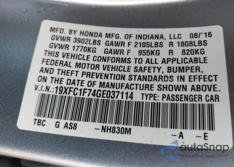 2016 Honda Civic Ex-L from USA, damaged, VIN 19XFC1F74GE037114
